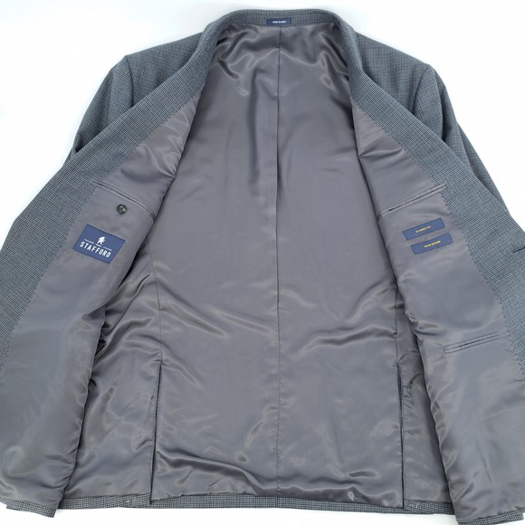 Stafford Travel Blazer Mens 52R Grey Houndstooth Classic Fit Year Round Wool Mix - Picture 10 of 15